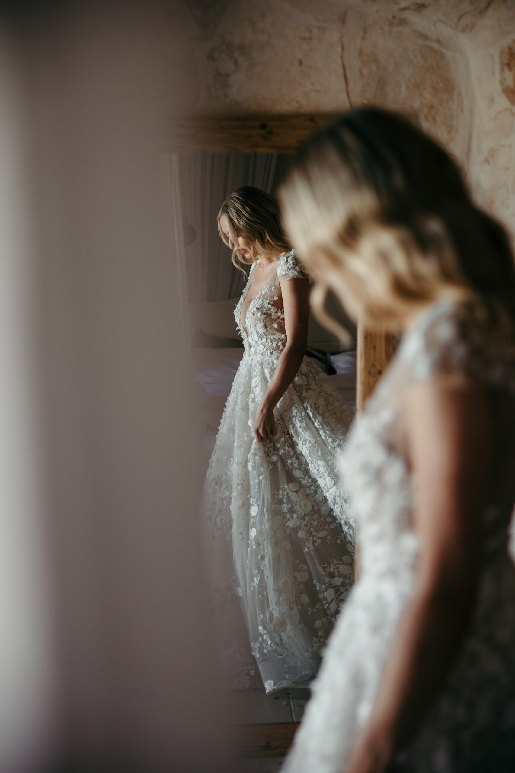 getting dressed with your Berta dress for your wedding in Puglia